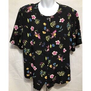 Christie & Jill Silky Top Blouse 18W Black Floral ShortSleeve Career office